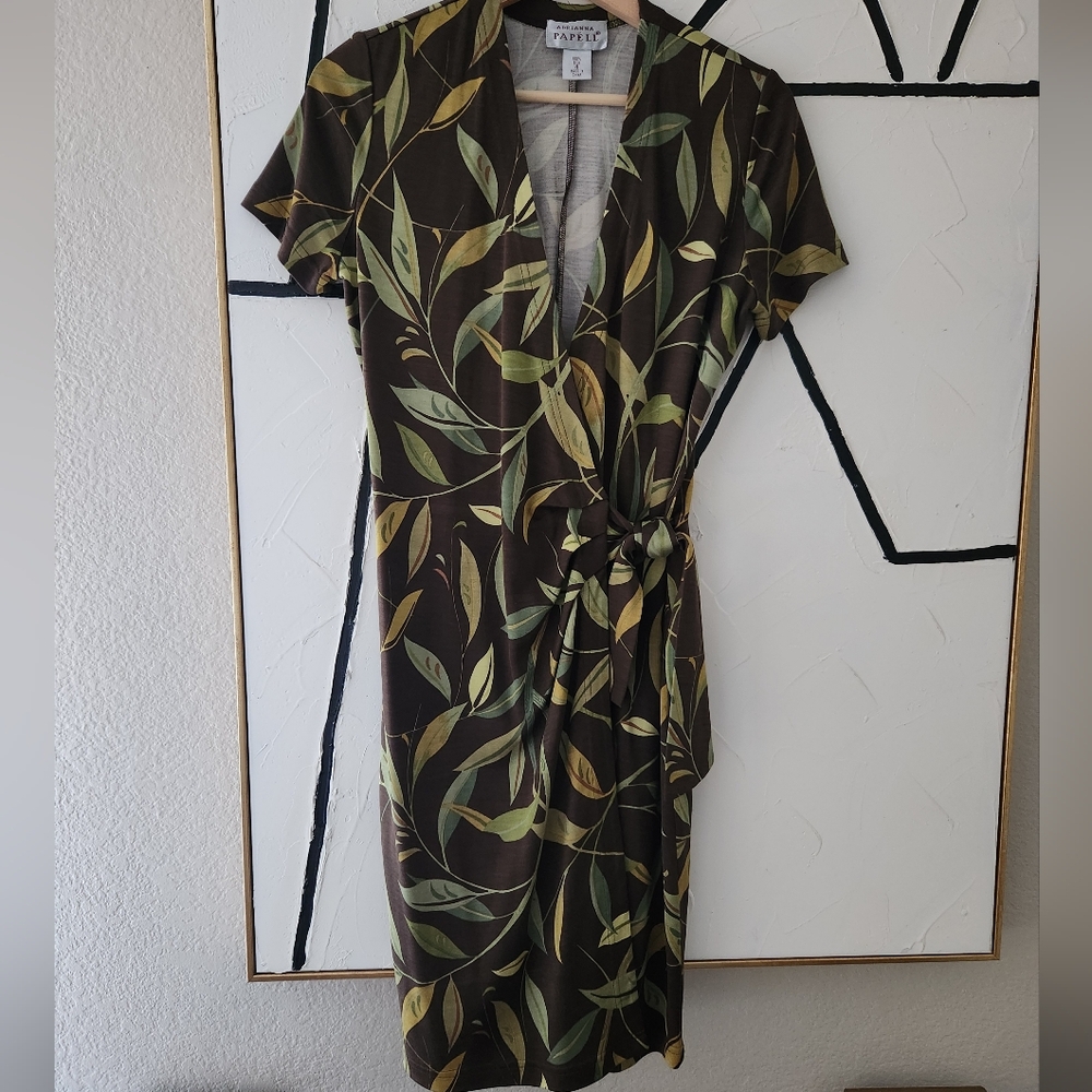 Adrianna Papell Vintage 100% Silk Leaf Tropical Print Wrap Dress Size 4